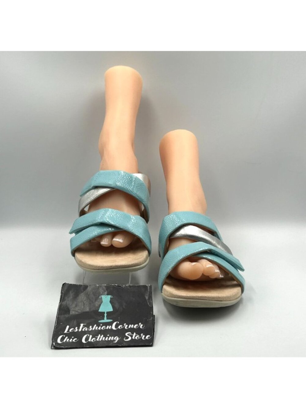 Vionic Women's Silver Blue Leather Hadlie Orthotic Slide Sandals Size 10 3525